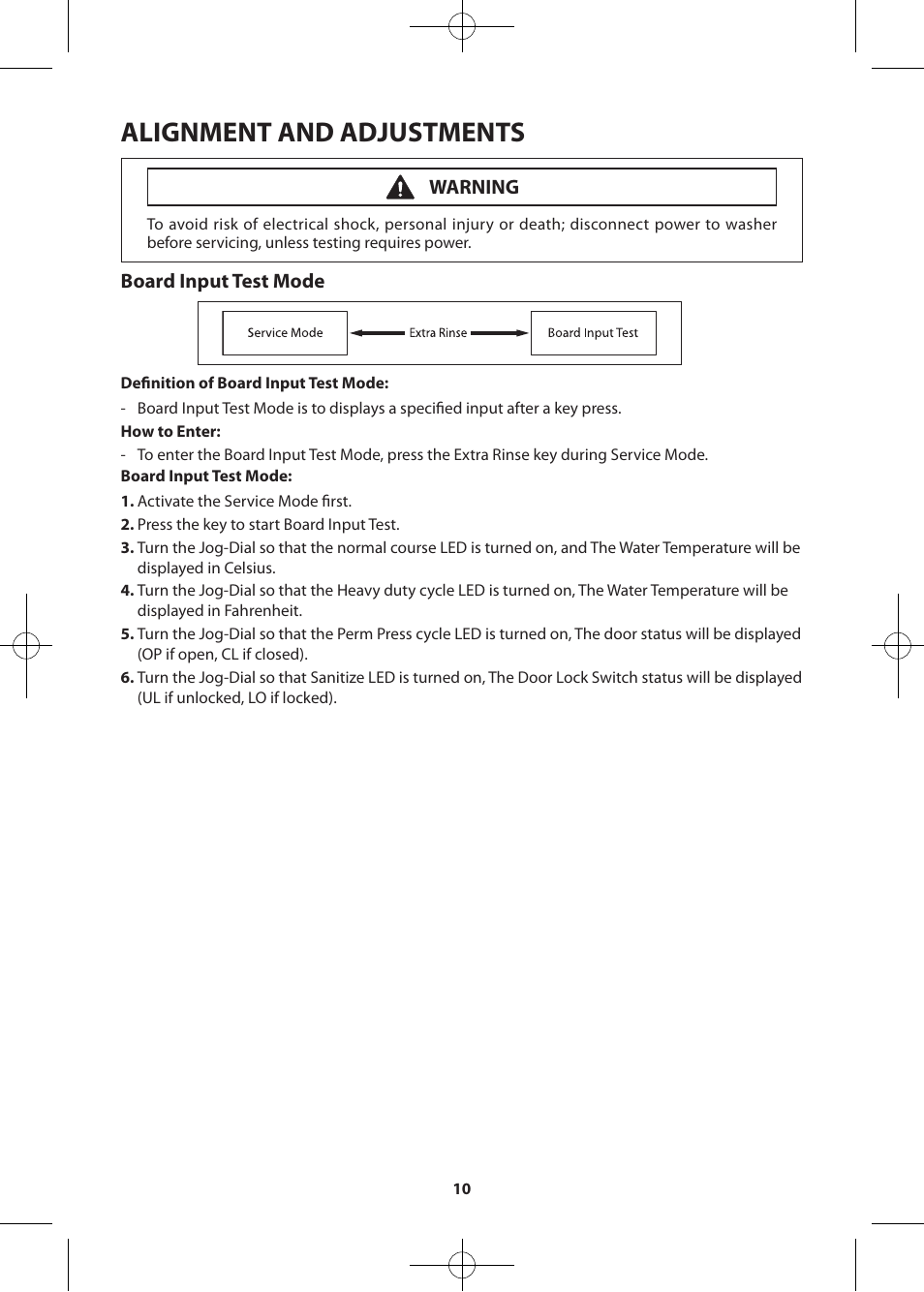 Alignment and adjustments, Board input test mode, Warning | Samsung WF361BVBEWR-A2 User Manual | Page 10 / 72