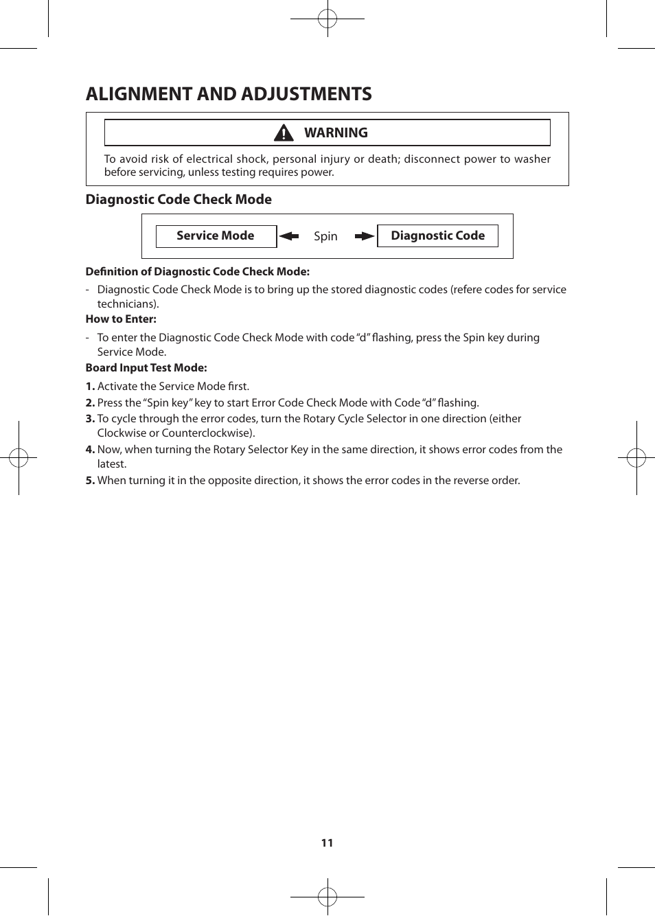 Alignment and adjustments, Diagnostic code check mode, Warning | Samsung WF361BVBEWR-A2 User Manual | Page 11 / 72