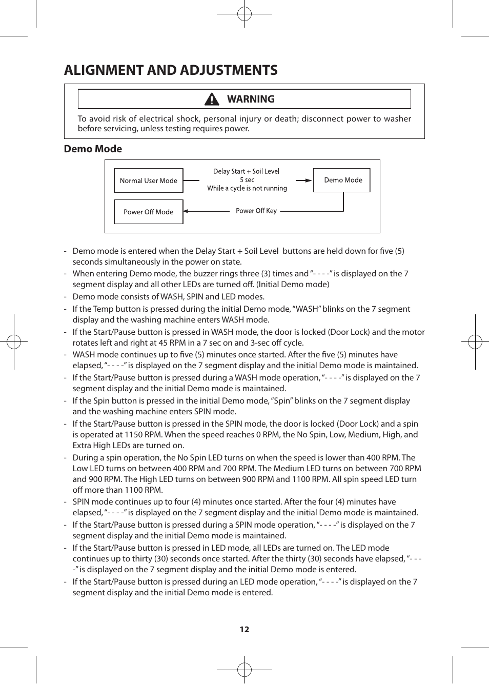 Alignment and adjustments, Demo mode, Warning | Samsung WF361BVBEWR-A2 User Manual | Page 12 / 72