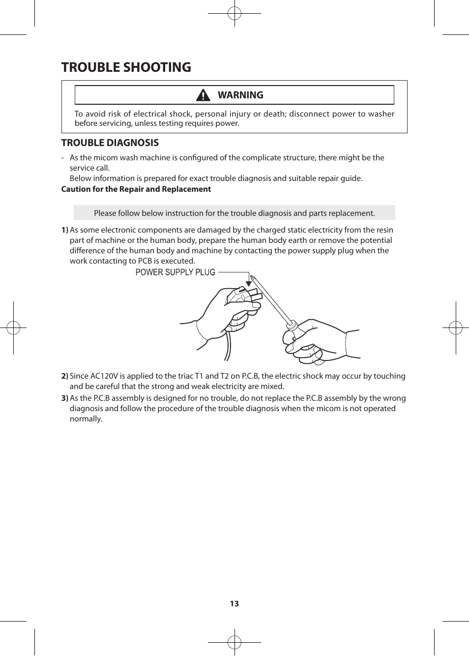 Trouble shooting, Trouble diagnosis, Warning | Samsung WF361BVBEWR-A2 User Manual | Page 13 / 72