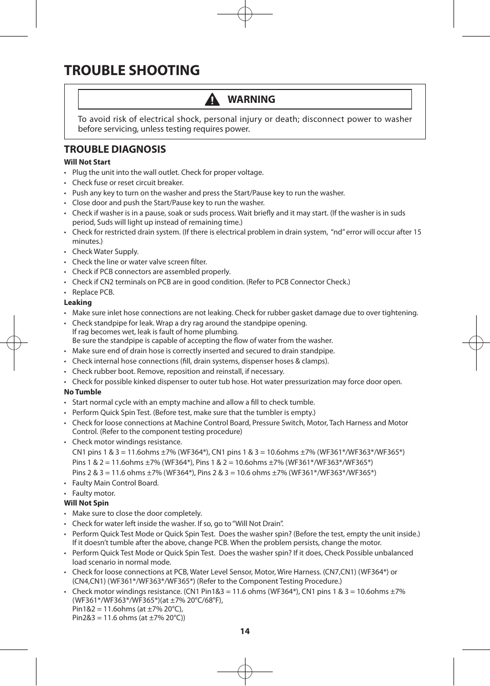 Trouble shooting, Trouble diagnosis, Warning | Samsung WF361BVBEWR-A2 User Manual | Page 14 / 72