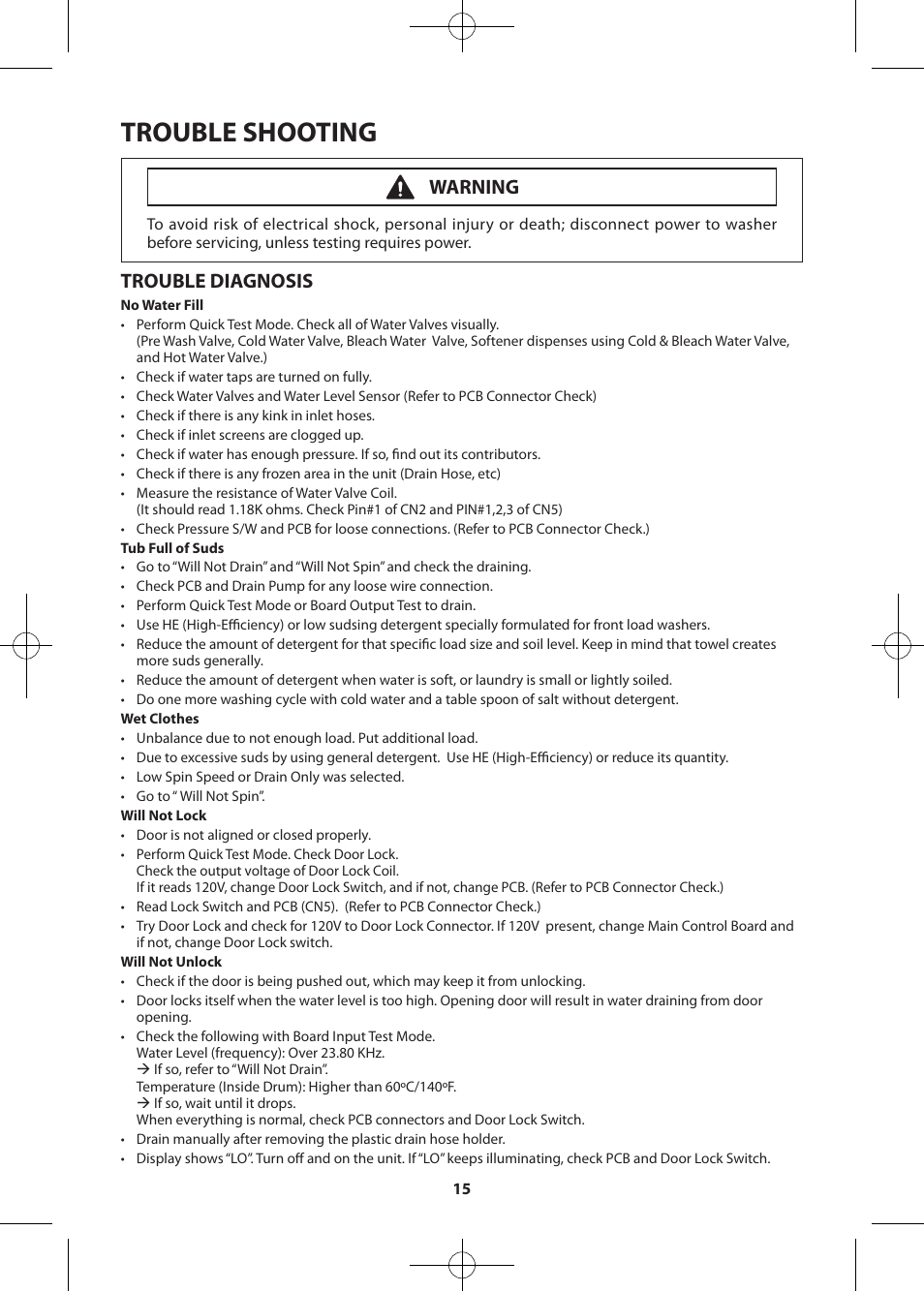 Trouble shooting, Trouble diagnosis, Warning | Samsung WF361BVBEWR-A2 User Manual | Page 15 / 72