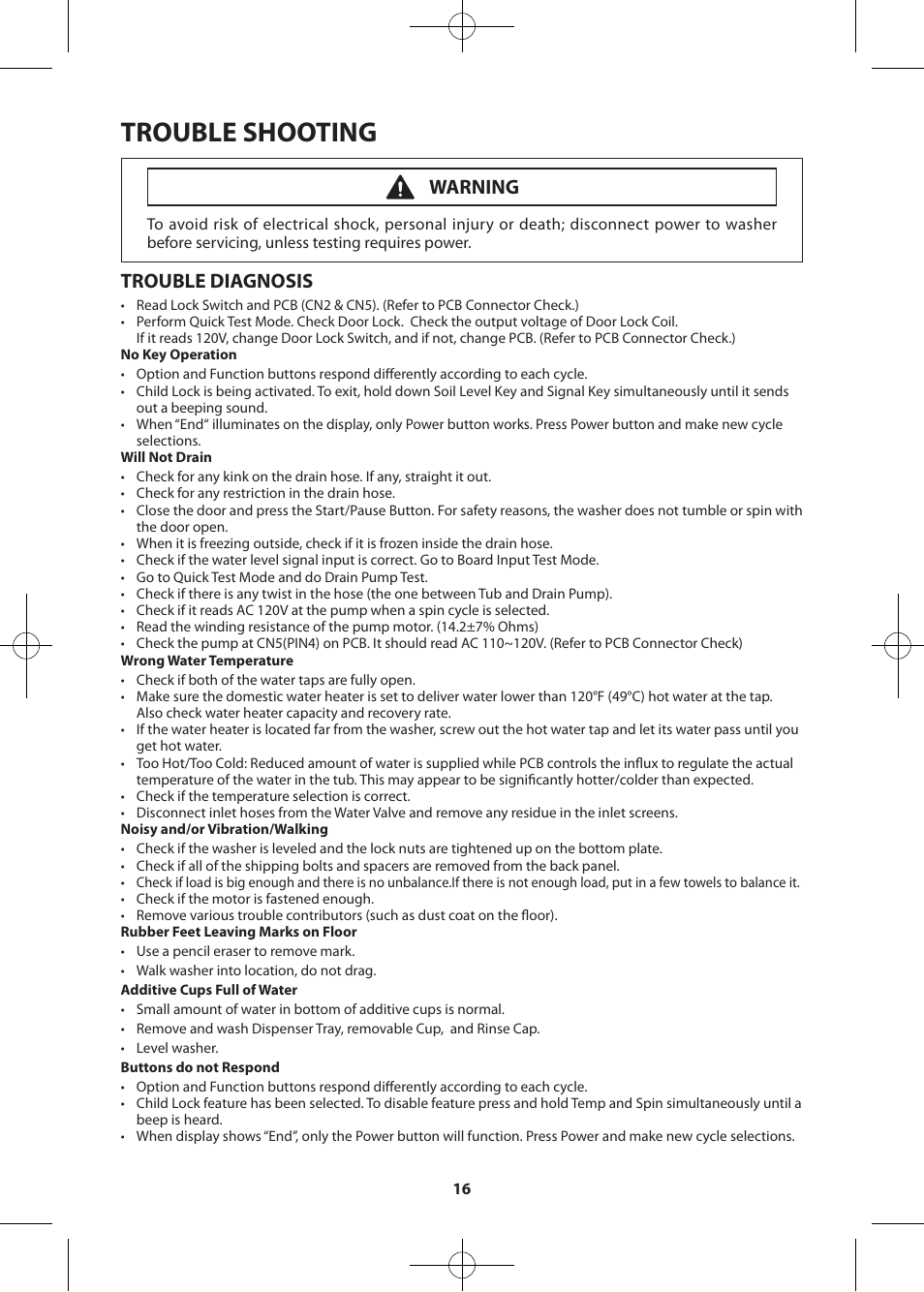 Trouble shooting, Trouble diagnosis, Warning | Samsung WF361BVBEWR-A2 User Manual | Page 16 / 72