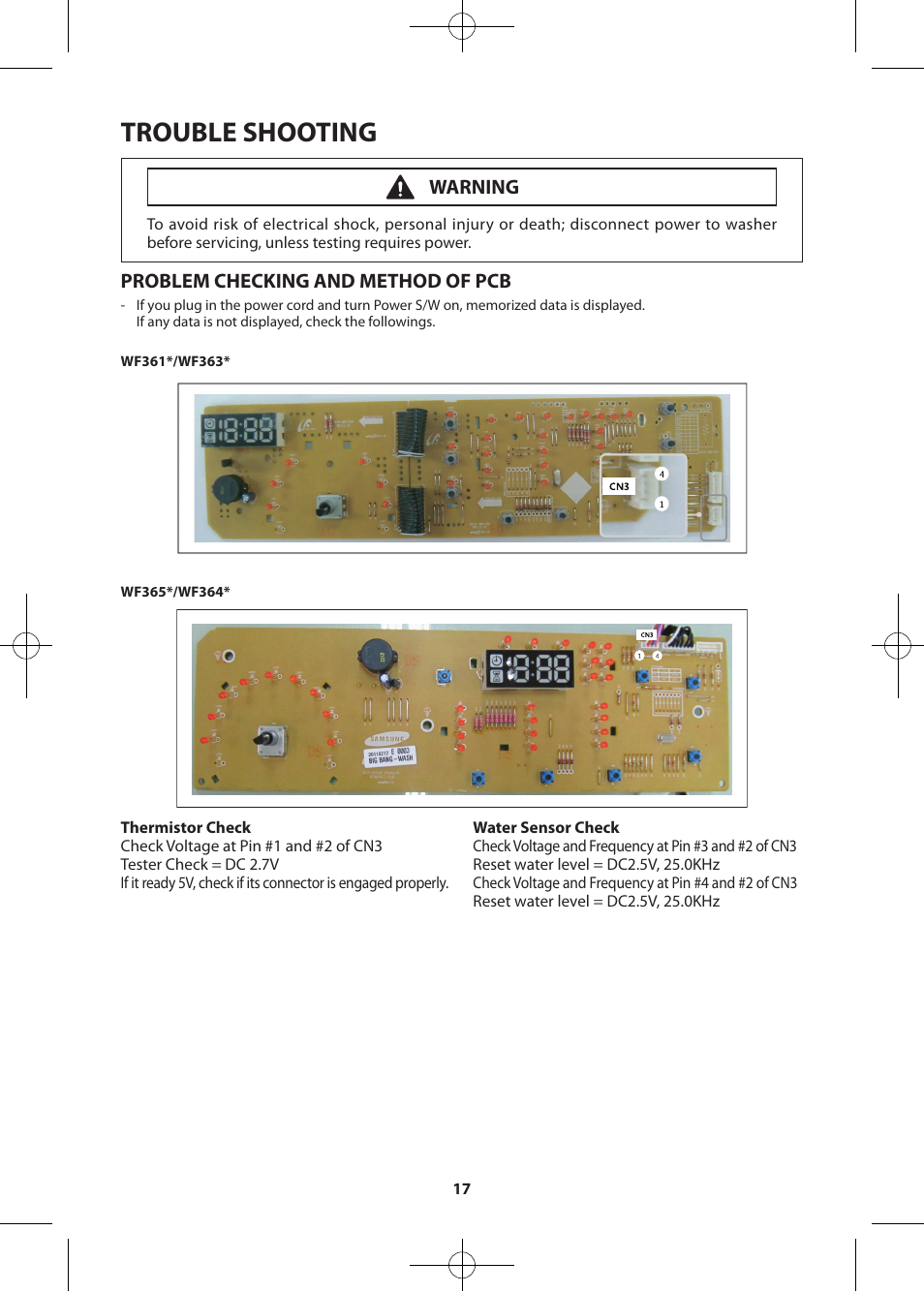 Trouble shooting, Problem checking and method of pcb, Warning | Samsung WF361BVBEWR-A2 User Manual | Page 17 / 72