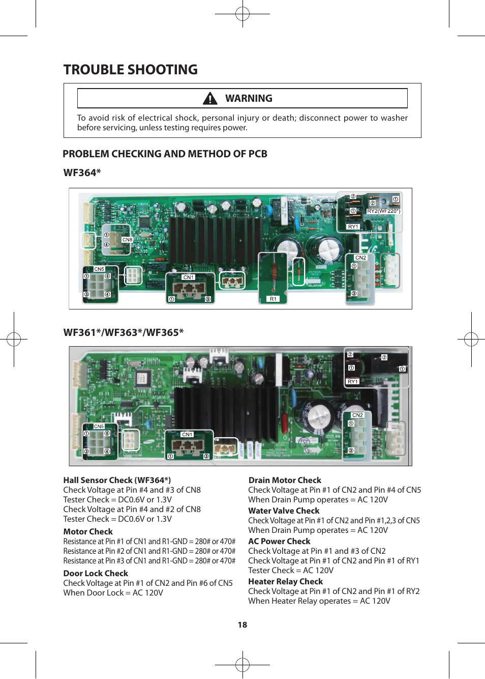 Trouble shooting, Warning | Samsung WF361BVBEWR-A2 User Manual | Page 18 / 72