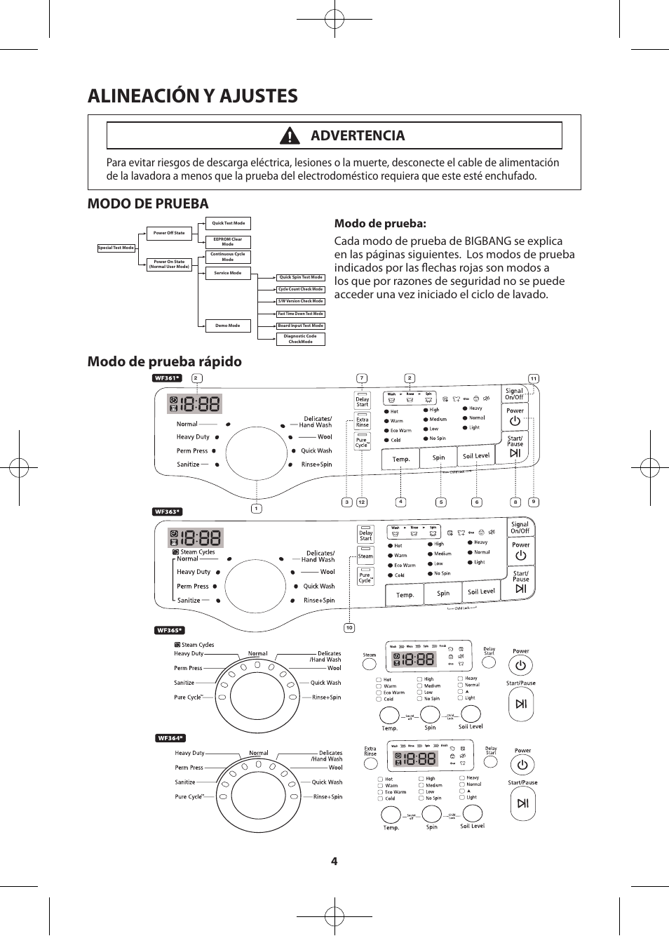 Alineación y ajustes, Modo de prueba, Modo de prueba rápido | Advertencia | Samsung WF361BVBEWR-A2 User Manual | Page 28 / 72