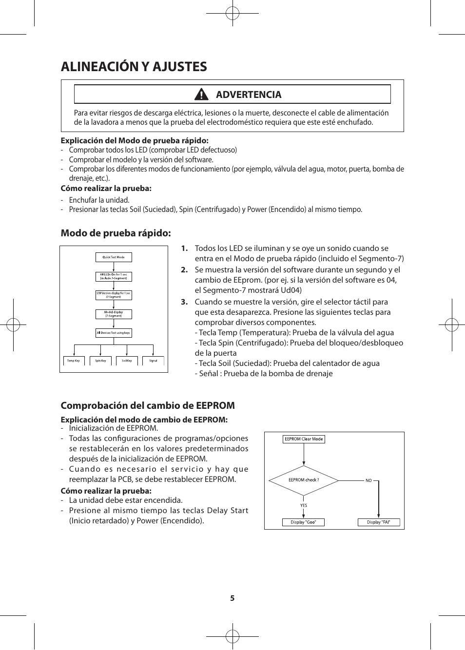 Alineación y ajustes, Modo de prueba rápido, Comprobación del cambio de eeprom | Advertencia | Samsung WF361BVBEWR-A2 User Manual | Page 29 / 72