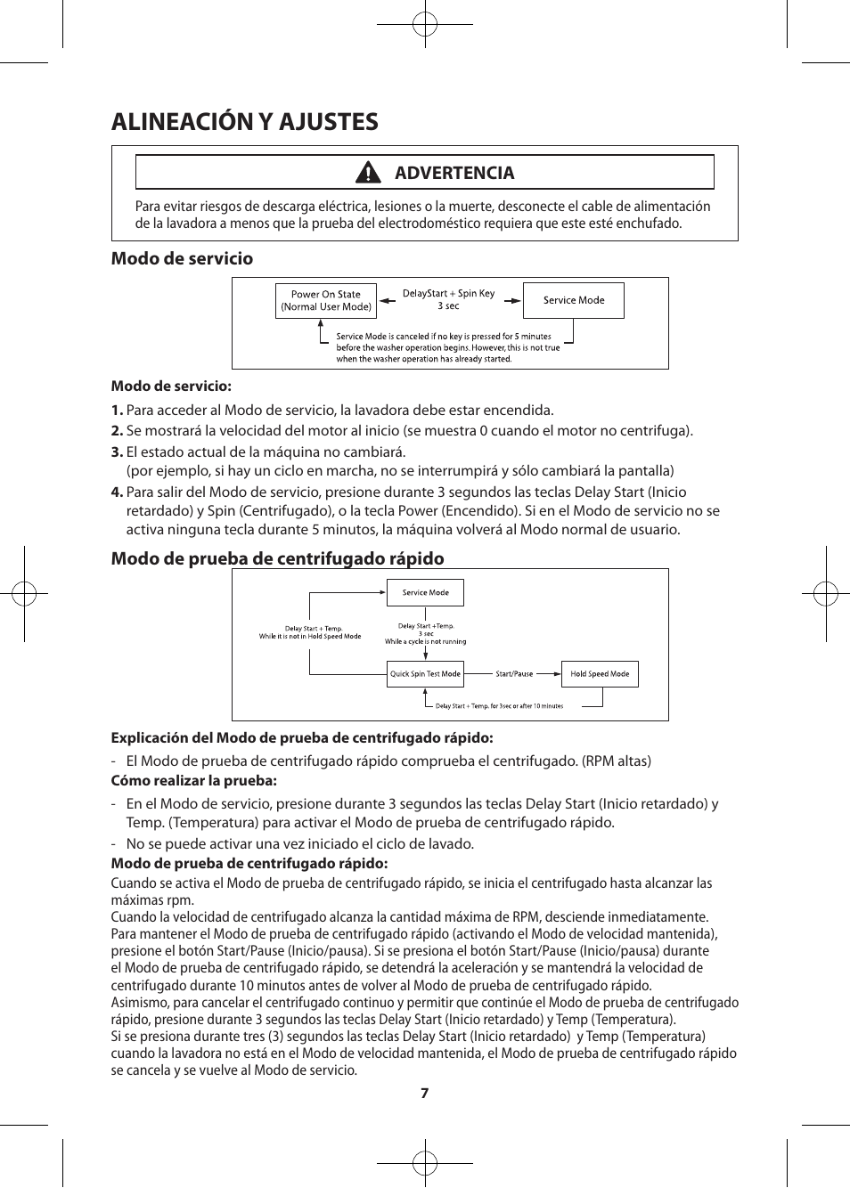 Alineación y ajustes, Modo de servicio, Modo de prueba de centrifugado rápido | Advertencia | Samsung WF361BVBEWR-A2 User Manual | Page 31 / 72