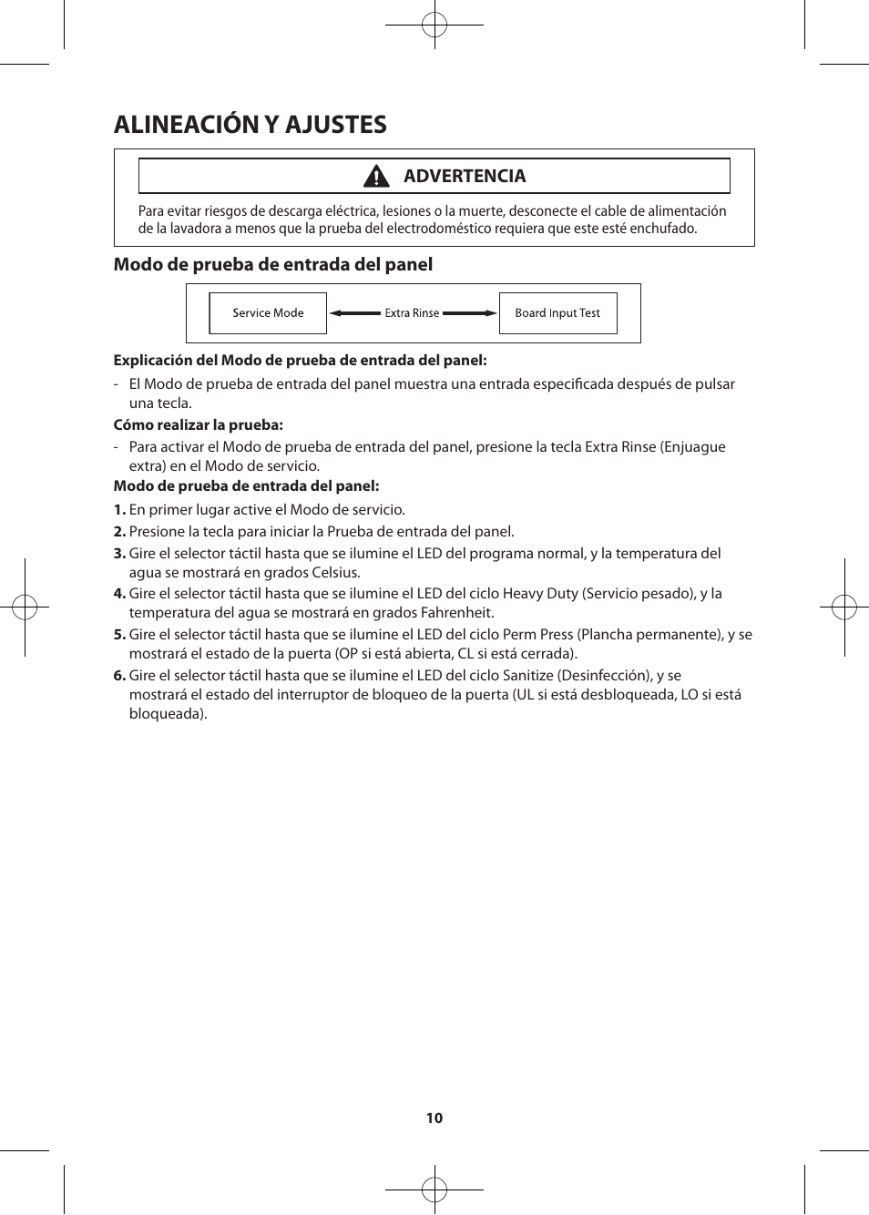 Alineación y ajustes, Modo de prueba de entrada del panel, Advertencia | Samsung WF361BVBEWR-A2 User Manual | Page 34 / 72