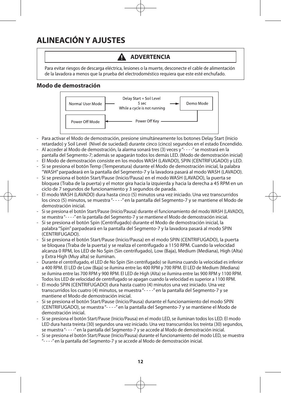 Alineación y ajustes, Modo de demostración, Advertencia | Samsung WF361BVBEWR-A2 User Manual | Page 36 / 72