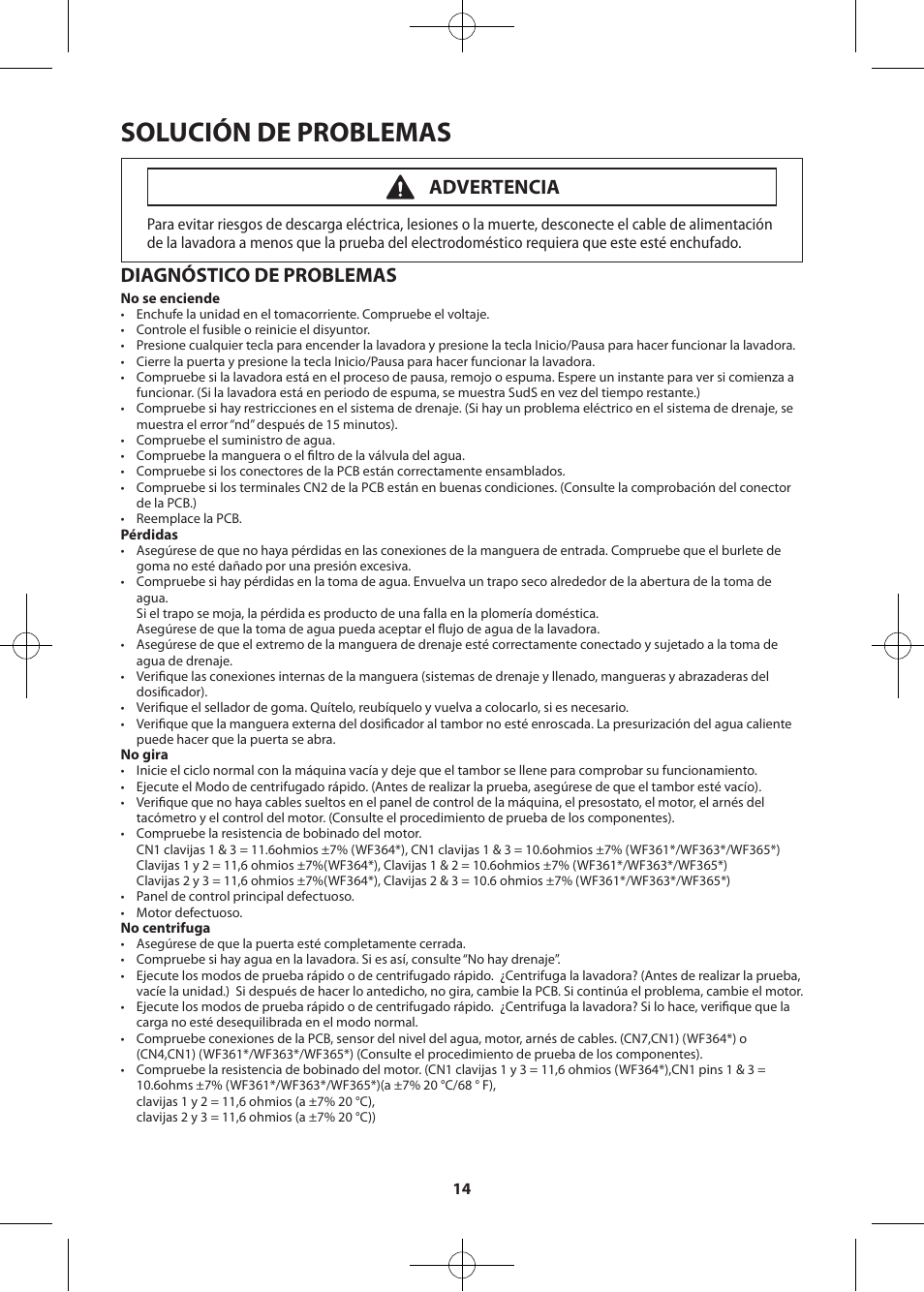 Solución de problemas, Diagnóstico de problemas, Advertencia | Samsung WF361BVBEWR-A2 User Manual | Page 38 / 72