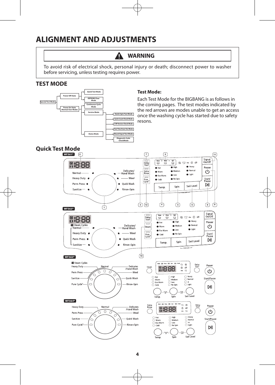 Alignment and adjustments, Test mode, Quick test mode | Warning | Samsung WF361BVBEWR-A2 User Manual | Page 4 / 72