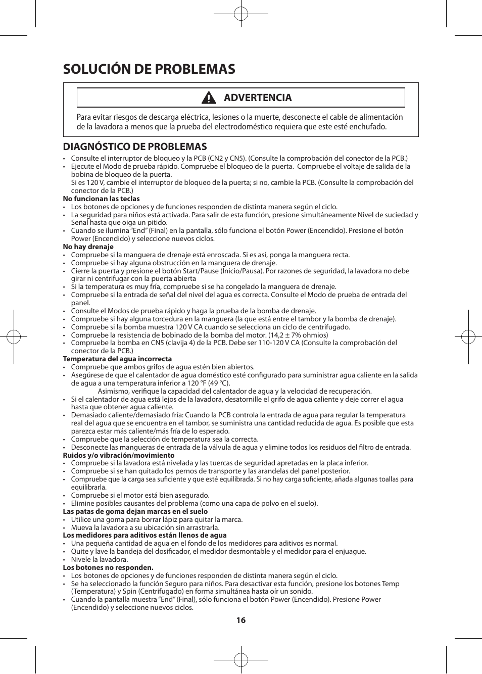 Solución de problemas, Diagnóstico de problemas, Advertencia | Samsung WF361BVBEWR-A2 User Manual | Page 40 / 72