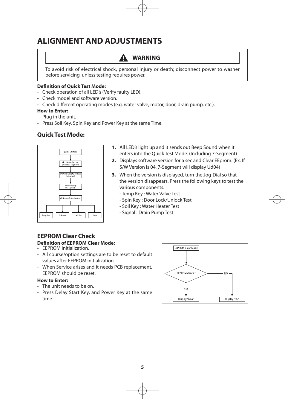 Alignment and adjustments, Quick test mode, Eeprom clear check | Warning | Samsung WF361BVBEWR-A2 User Manual | Page 5 / 72