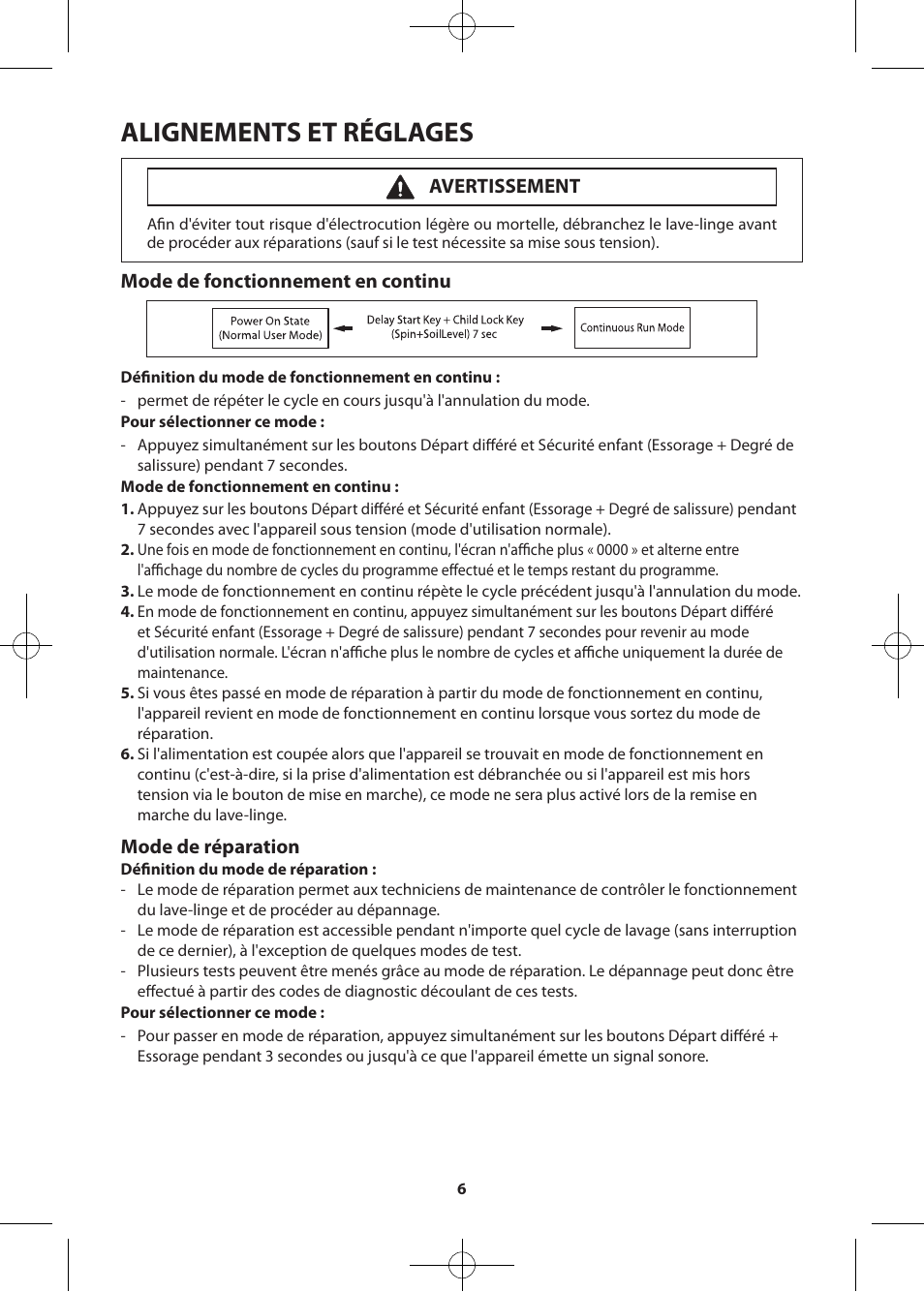 Alignements et réglages, Mode de fonctionnement en continu, Mode de réparation | Avertissement | Samsung WF361BVBEWR-A2 User Manual | Page 54 / 72