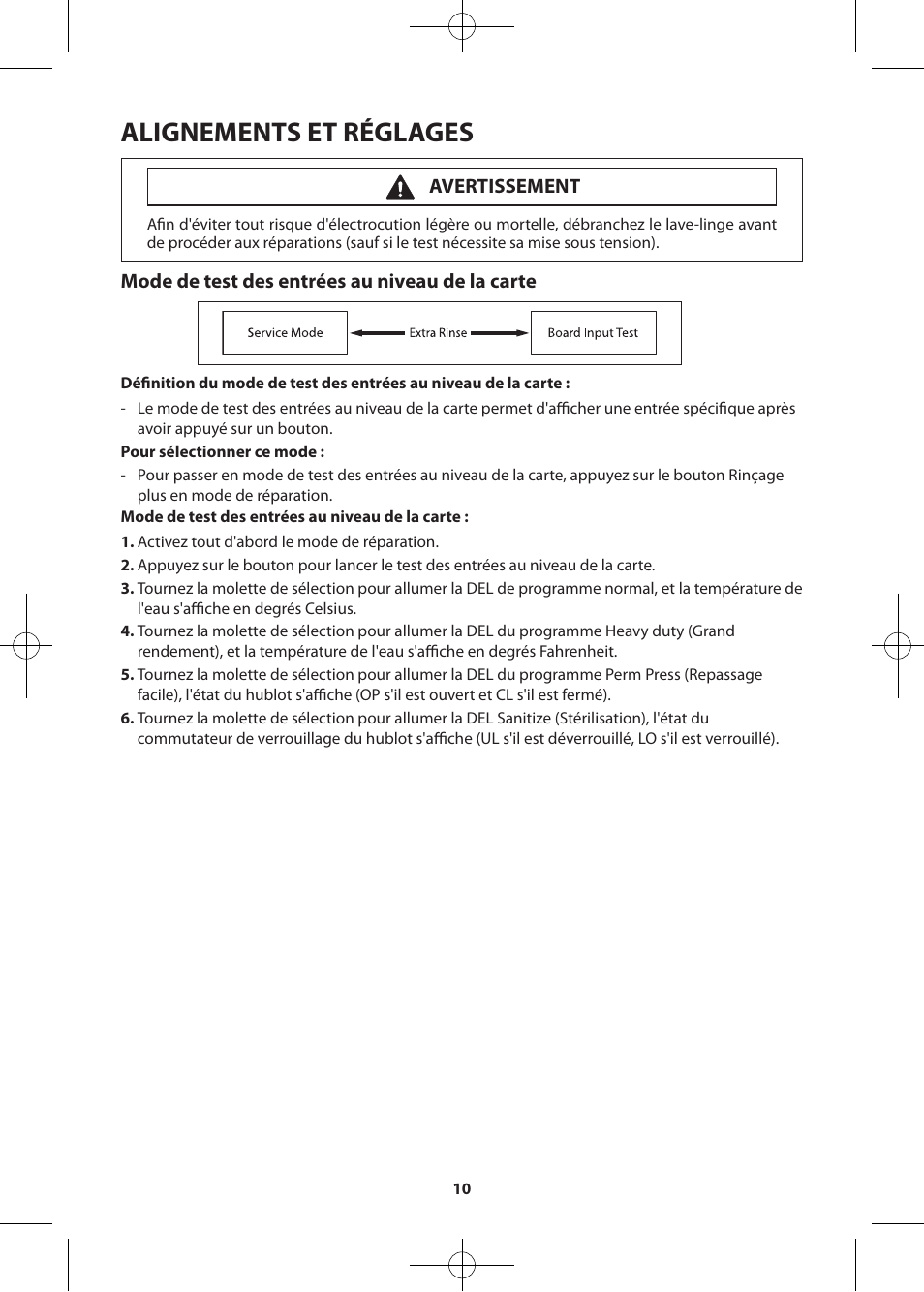 Alignements et réglages, Mode de test des entrées au niveau de la carte, Avertissement | Samsung WF361BVBEWR-A2 User Manual | Page 58 / 72