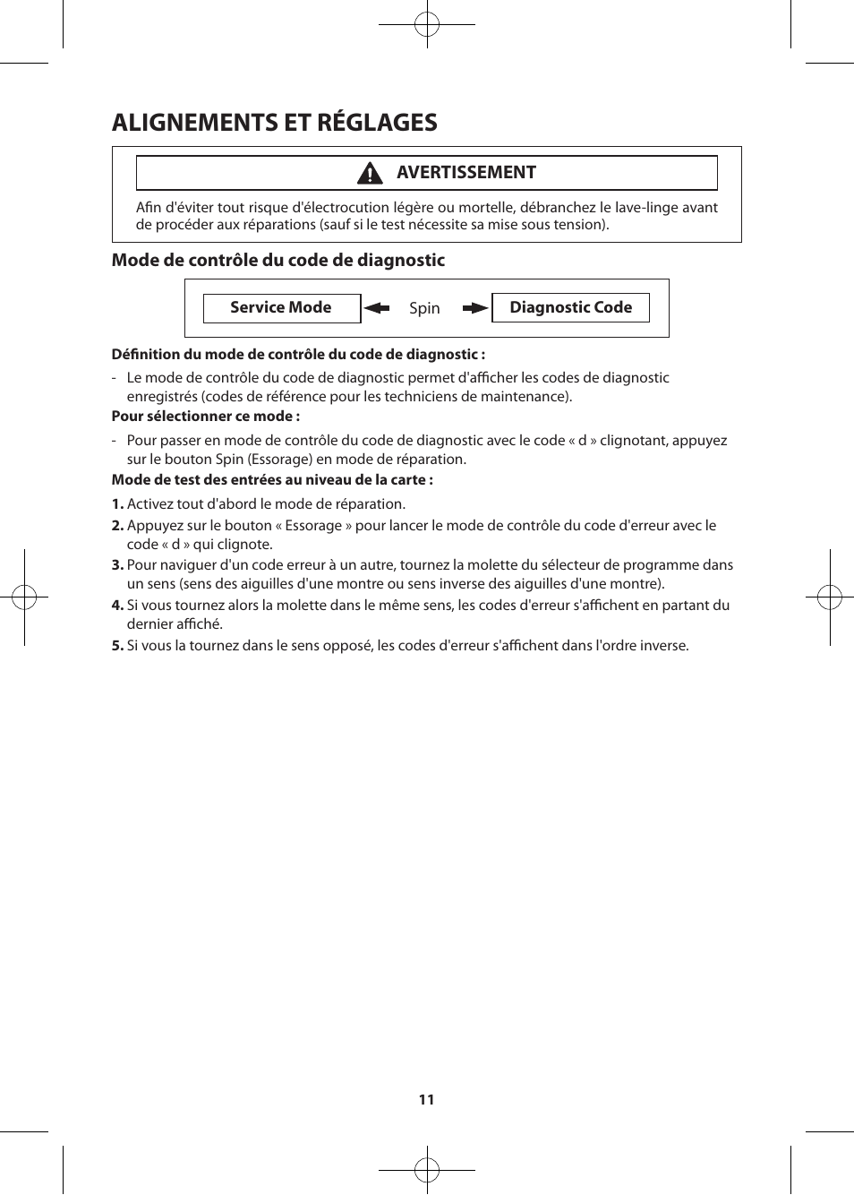 Alignements et réglages, Mode de contrôle du code de diagnostic, Avertissement | Samsung WF361BVBEWR-A2 User Manual | Page 59 / 72