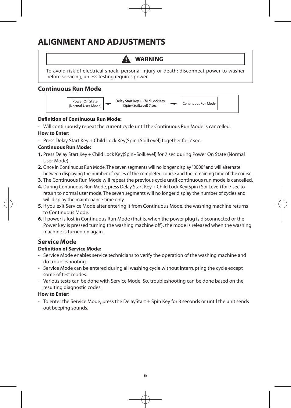 Alignment and adjustments, Continuous run mode, Service mode | Warning | Samsung WF361BVBEWR-A2 User Manual | Page 6 / 72