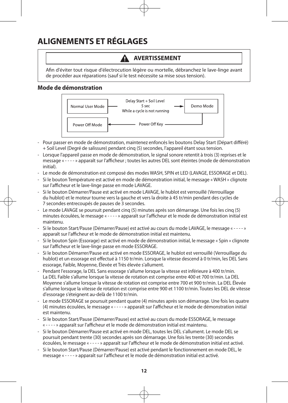 Alignements et réglages, Mode de démonstration, Avertissement | Samsung WF361BVBEWR-A2 User Manual | Page 60 / 72