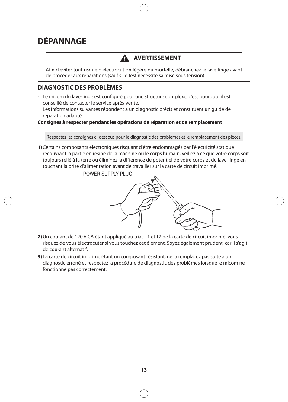 Dépannage, Diagnostic des problèmes, Avertissement | Samsung WF361BVBEWR-A2 User Manual | Page 61 / 72