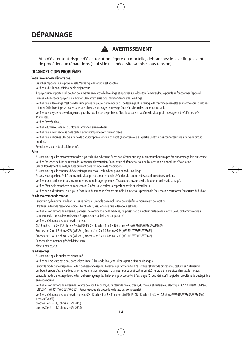 Dépannage, Diagnostic des problèmes, Avertissement | Samsung WF361BVBEWR-A2 User Manual | Page 62 / 72