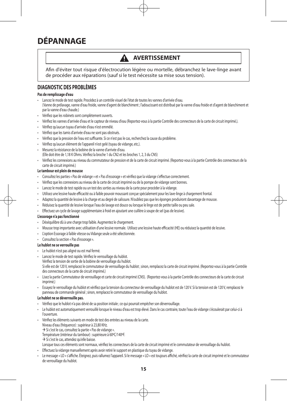 Dépannage, Diagnostic des problèmes, Avertissement | Samsung WF361BVBEWR-A2 User Manual | Page 63 / 72