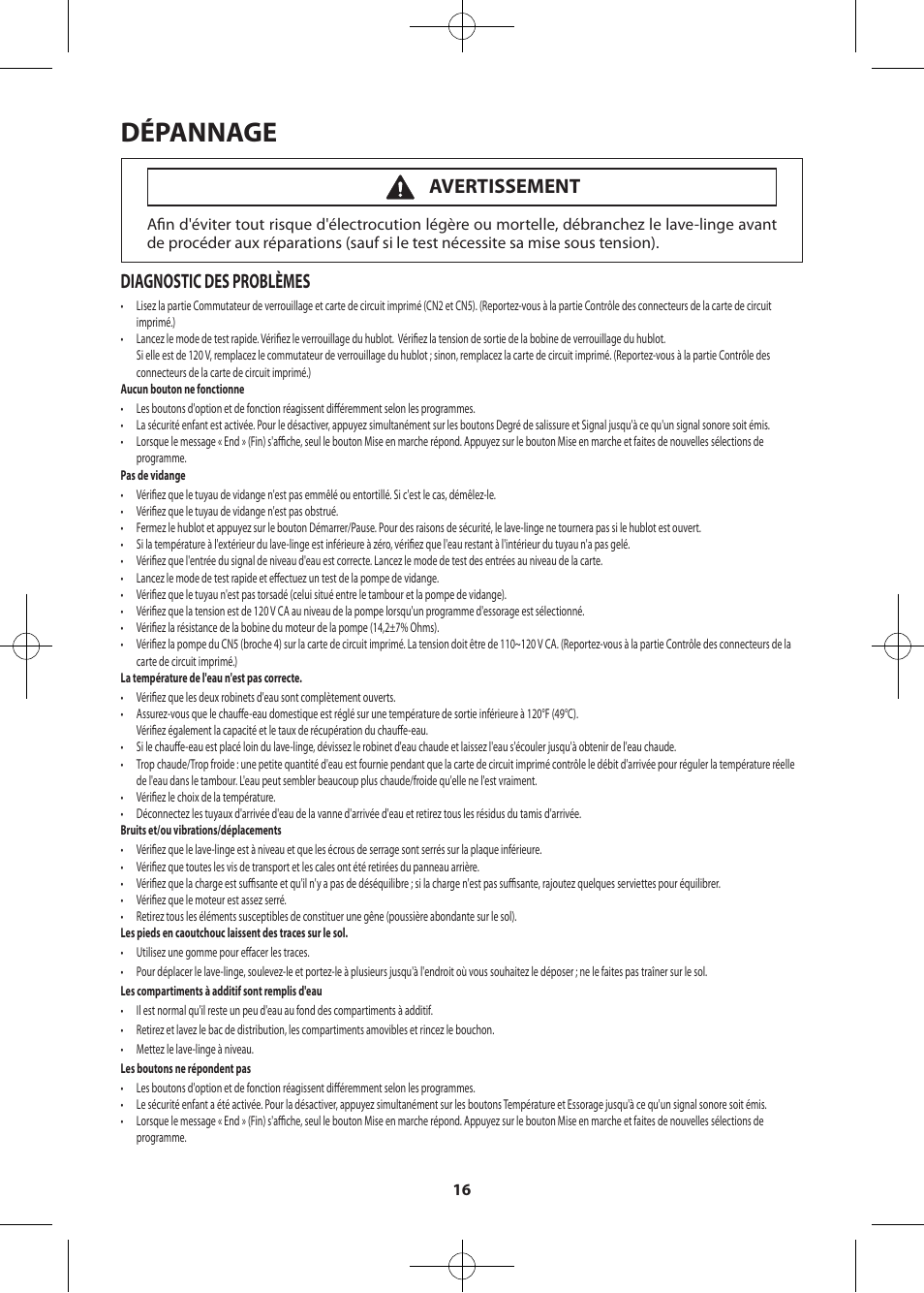 Dépannage, Diagnostic des problèmes, Avertissement | Samsung WF361BVBEWR-A2 User Manual | Page 64 / 72