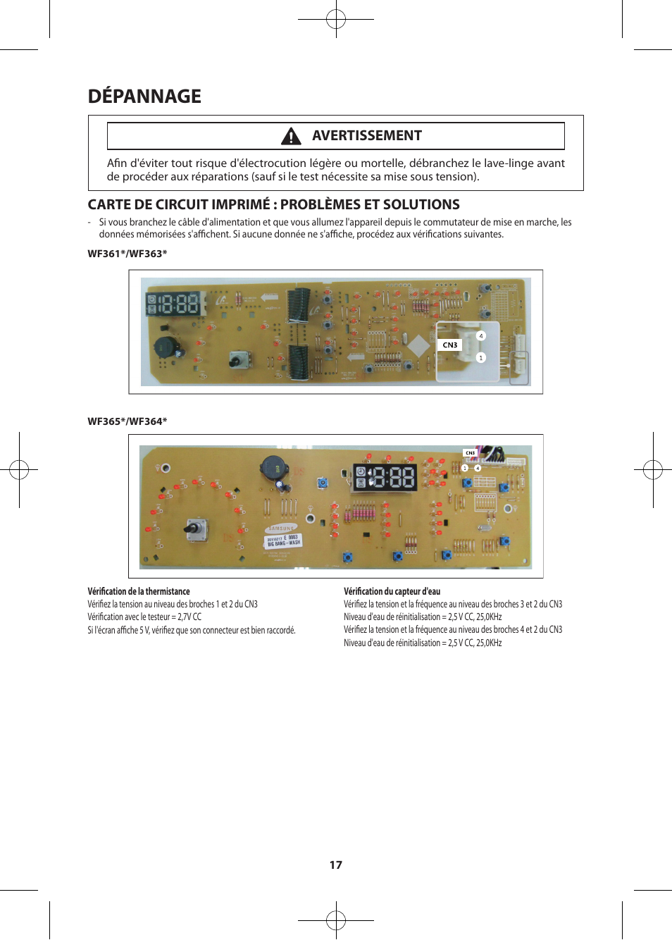 Dépannage, Carte de circuit imprimé : problèmes et solutions, Avertissement | Samsung WF361BVBEWR-A2 User Manual | Page 65 / 72