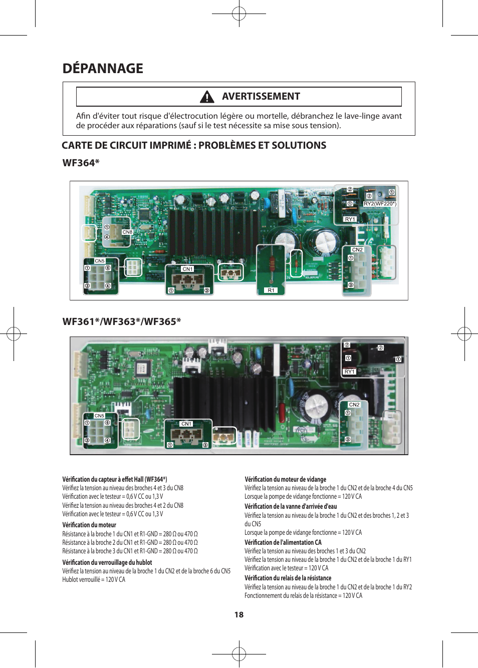 Dépannage, Carte de circuit imprimé : problèmes et solutions | Samsung WF361BVBEWR-A2 User Manual | Page 66 / 72