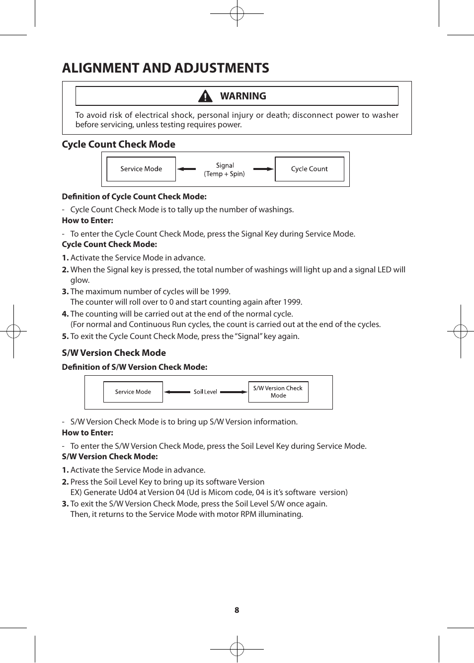 Alignment and adjustments, Cycle count check mode, Warning | Samsung WF361BVBEWR-A2 User Manual | Page 8 / 72