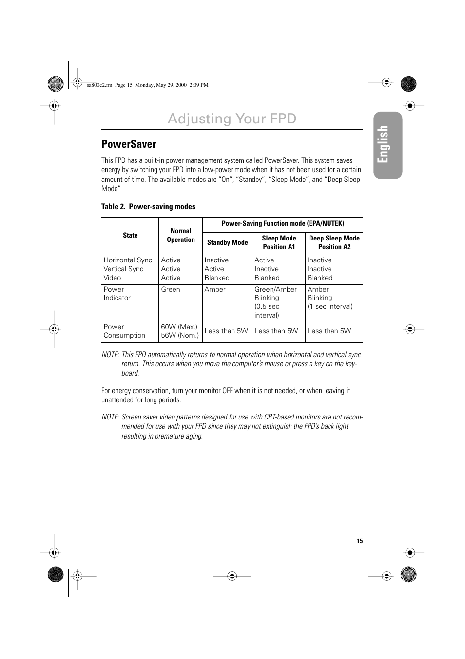 Adjusting your fpd, Powersaver | Samsung LSA800SN-XAA User Manual | Page 17 / 26