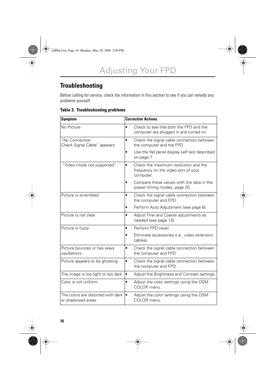 Adjusting your fpd, Troubleshooting | Samsung LSA800SN-XAA User Manual | Page 18 / 26