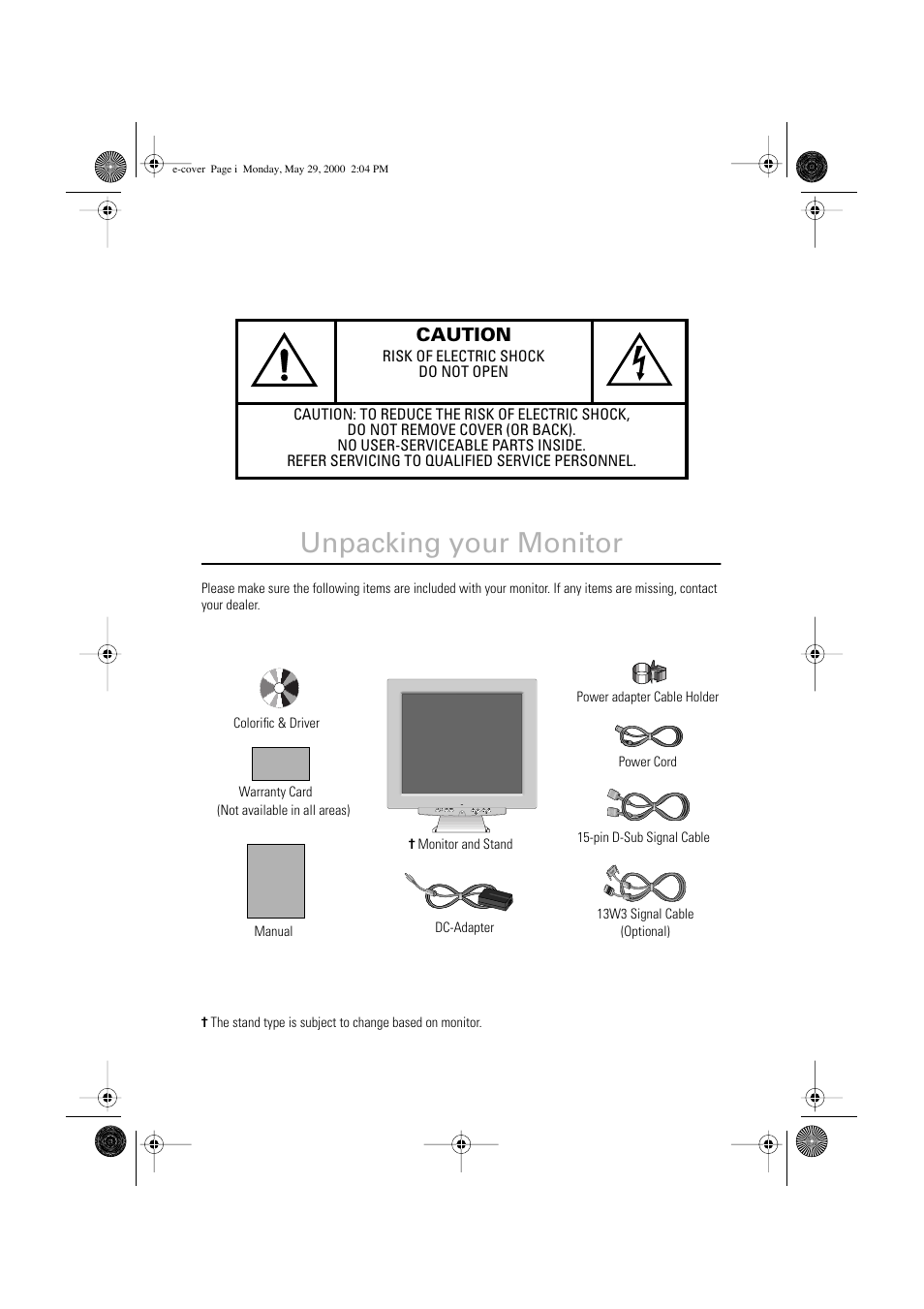 Unpacking your monitor, Caution | Samsung LSA800SN-XAA User Manual | Page 2 / 26