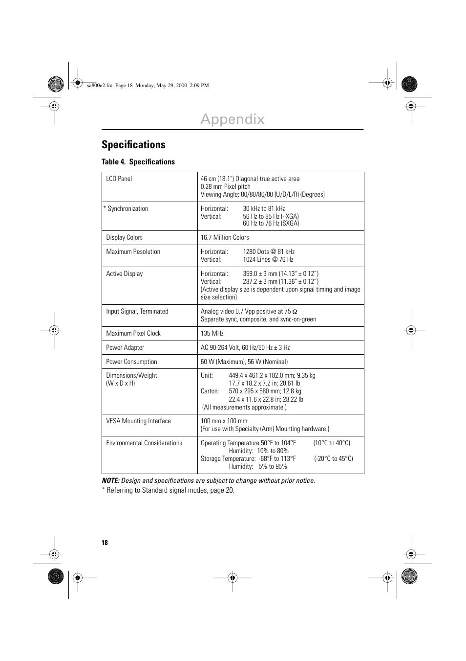 Appendix, Specifications | Samsung LSA800SN-XAA User Manual | Page 20 / 26