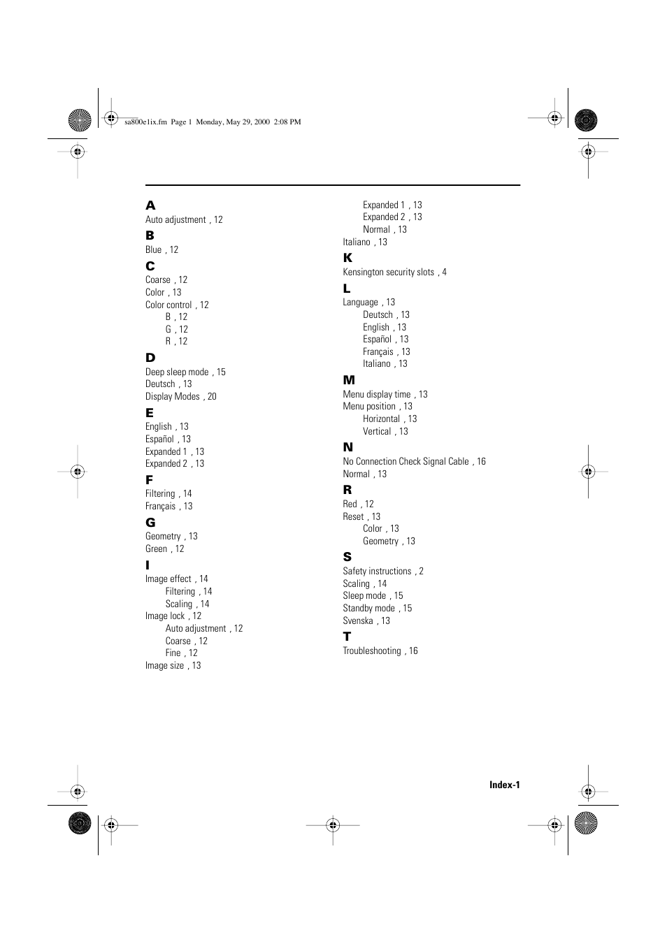 Index | Samsung LSA800SN-XAA User Manual | Page 24 / 26