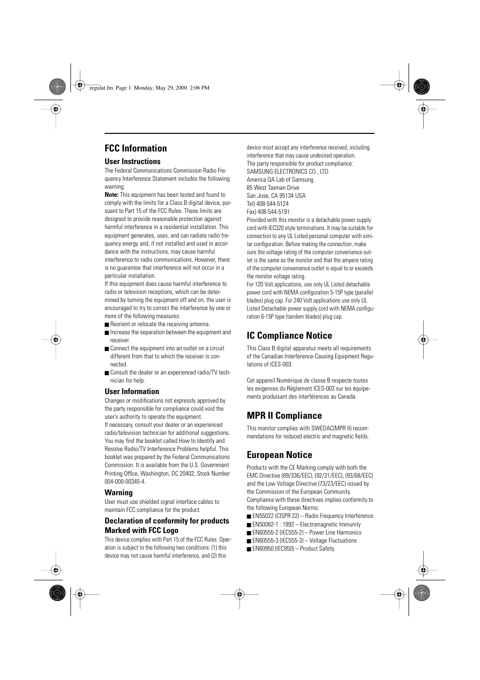 Fcc information, Ic compliance notice, Mpr ii compliance | European notice | Samsung LSA800SN-XAA User Manual | Page 25 / 26