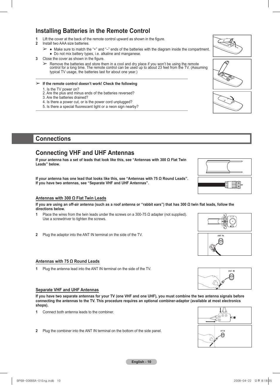Installing batteries in the remote control, Connections, Connecting vhf and uhf antennas | Connections connecting vhf and uhf antennas | Samsung HL67A510J1FXZA User Manual | Page 10 / 157
