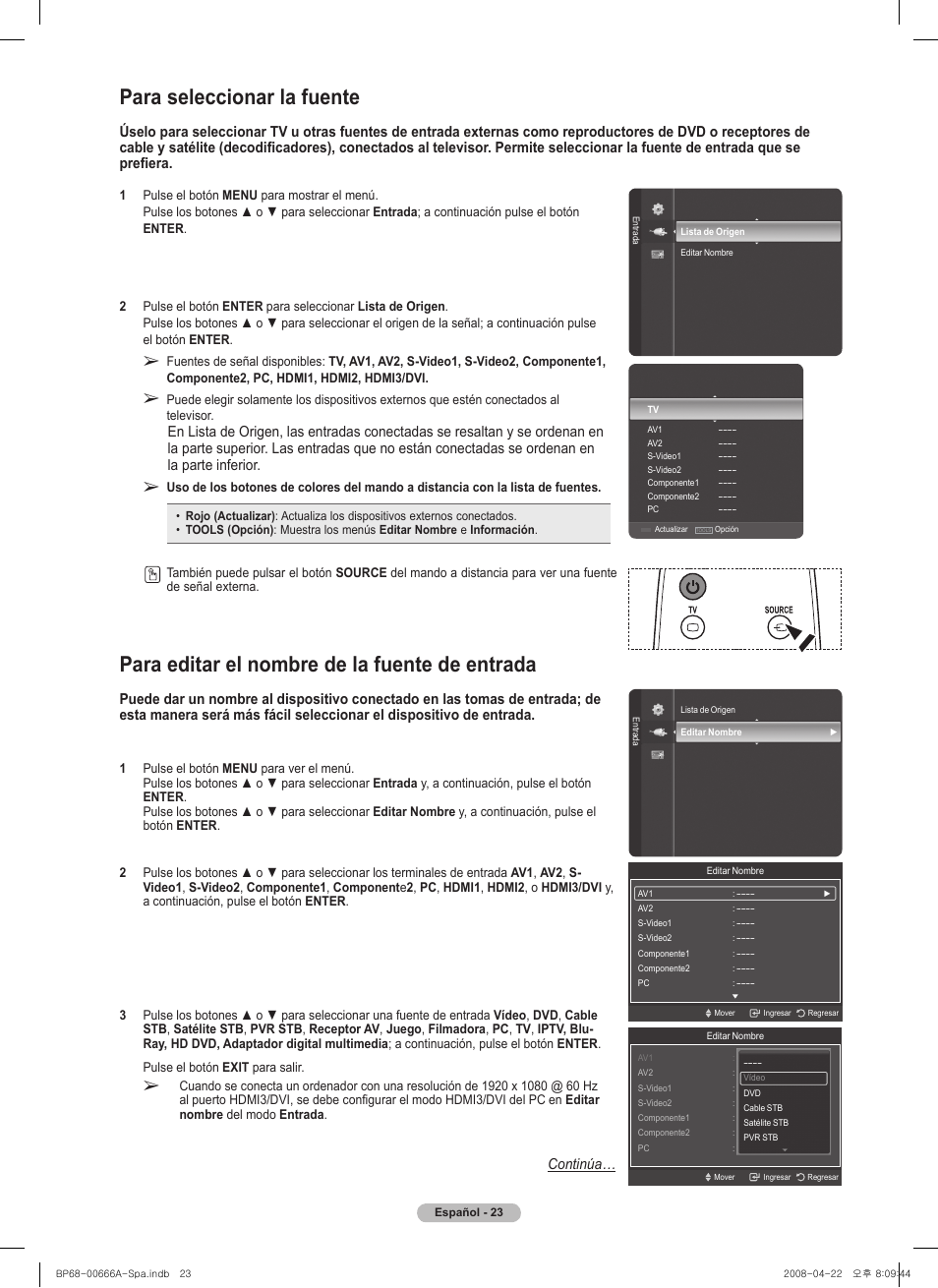 Para seleccionar la fuente, Para editar el nombre de la fuente de entrada, Continúa | Samsung HL67A510J1FXZA User Manual | Page 105 / 157