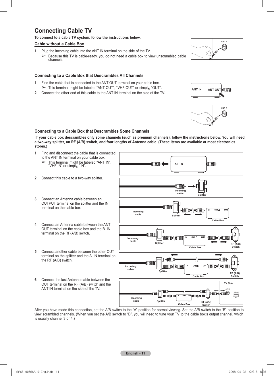 Connecting cable tv, Cable without a cable box | Samsung HL67A510J1FXZA User Manual | Page 11 / 157