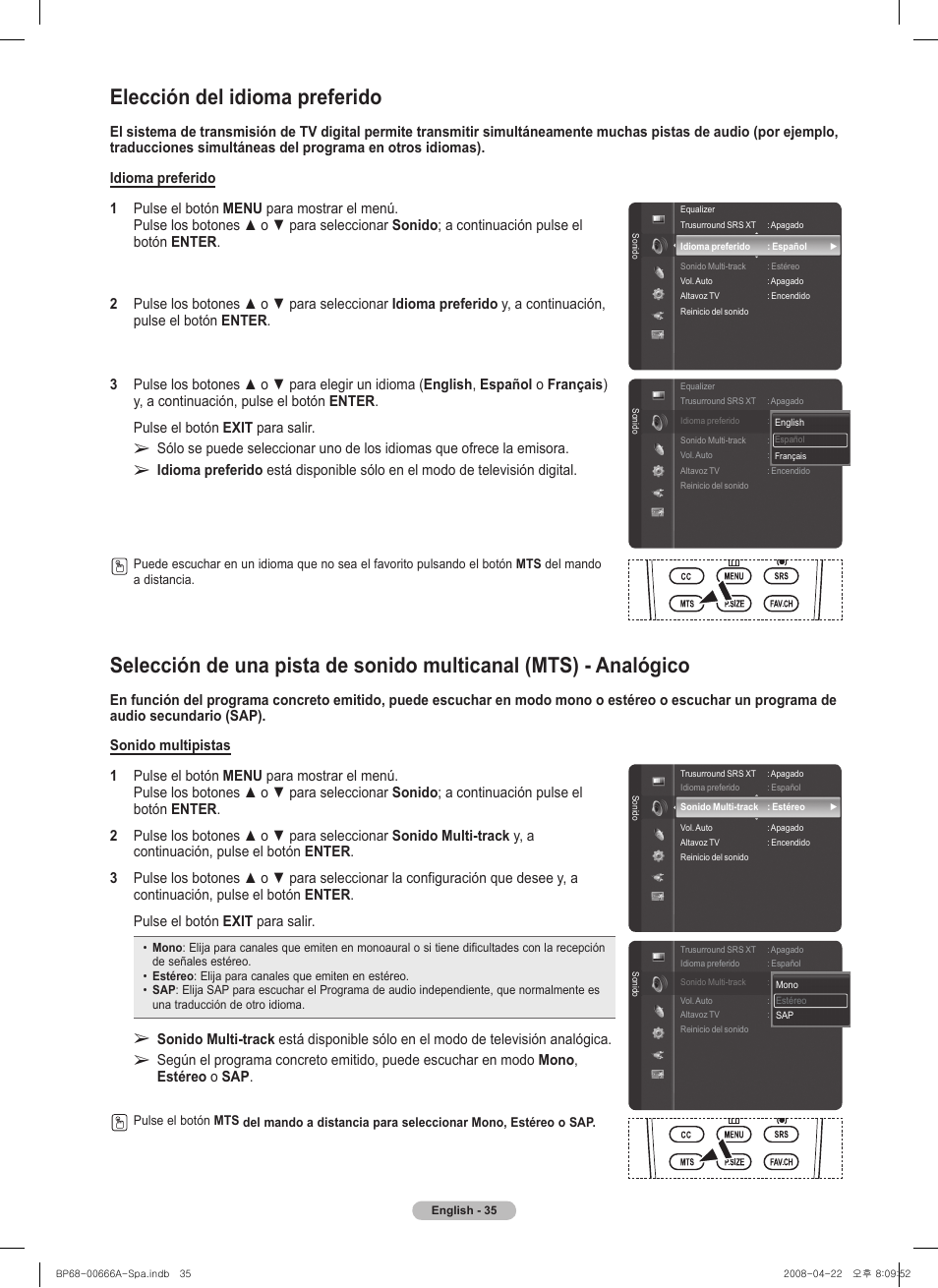 Elección del idioma preferido | Samsung HL67A510J1FXZA User Manual | Page 117 / 157