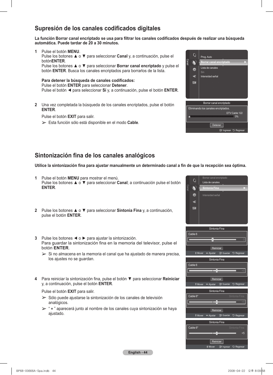 Supresión de los canales codificados digitales, Sintonización fina de los canales analógicos | Samsung HL67A510J1FXZA User Manual | Page 126 / 157