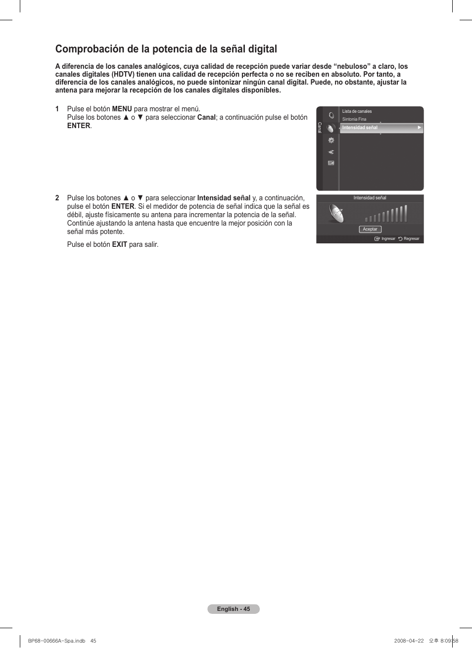 Comprobación de la potencia de la señal digital | Samsung HL67A510J1FXZA User Manual | Page 127 / 157