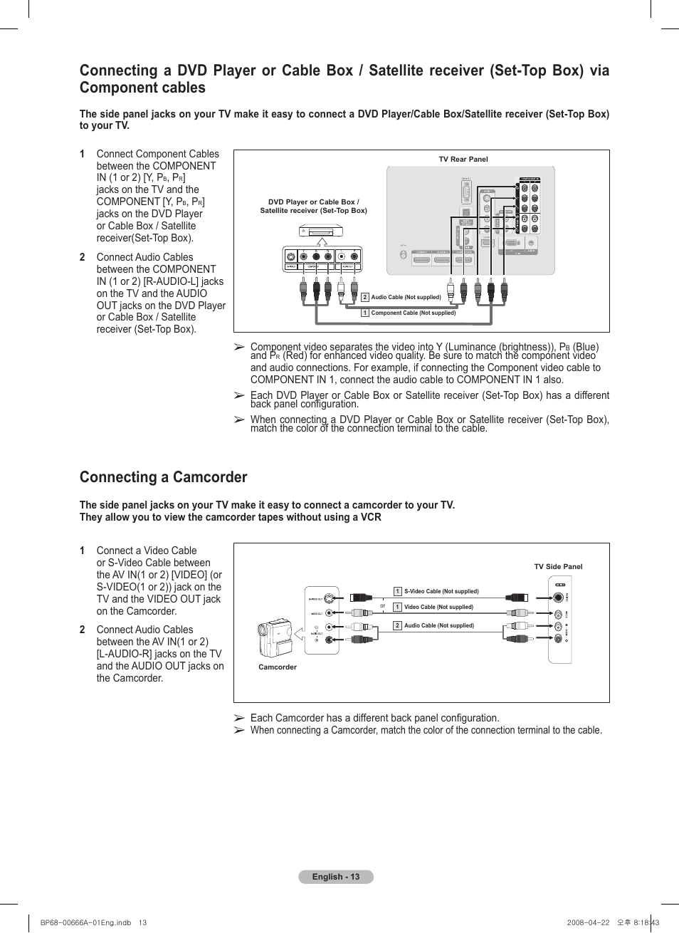 Connecting a camcorder | Samsung HL67A510J1FXZA User Manual | Page 13 / 157