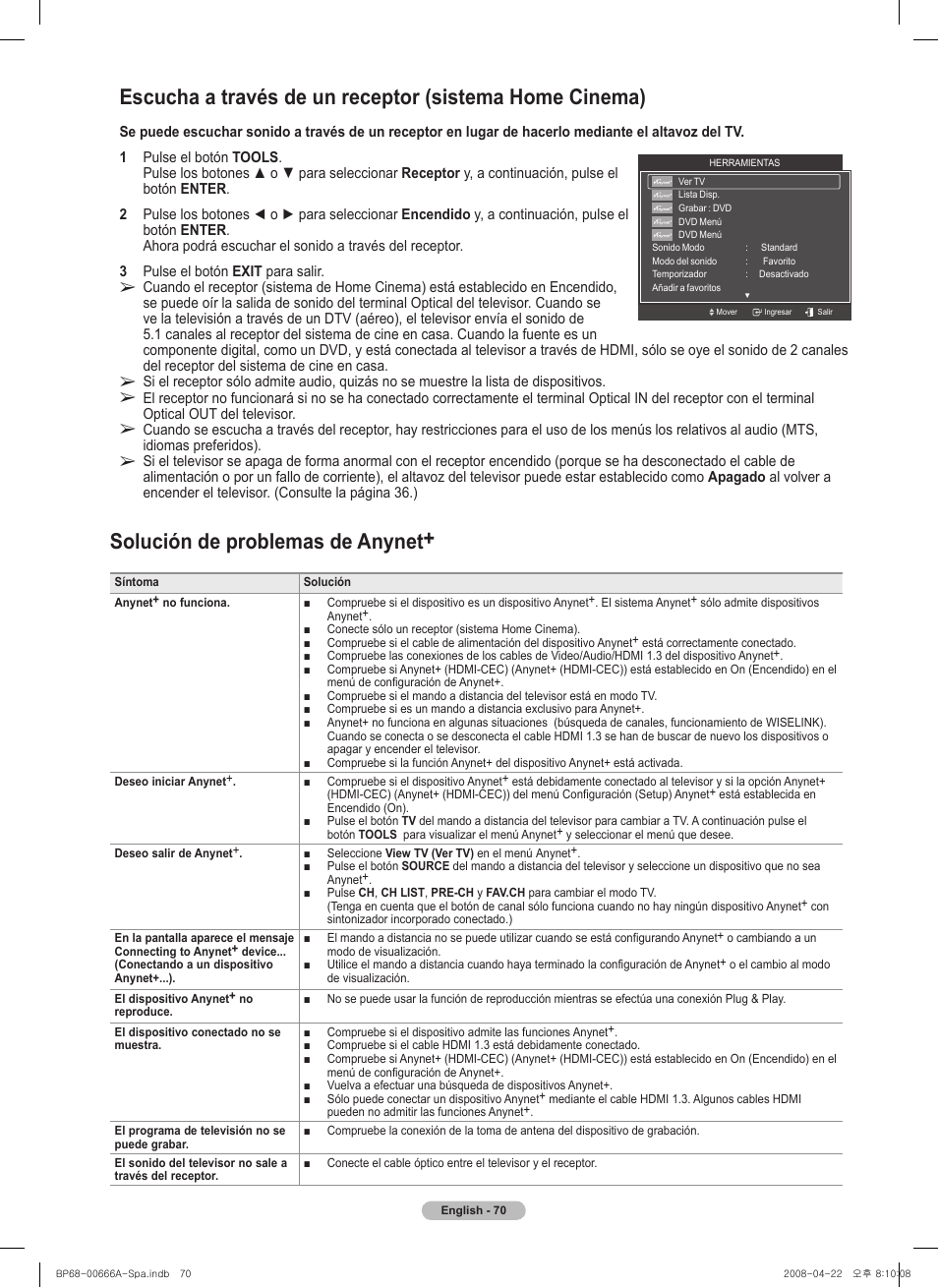 Solución de problemas de anynet | Samsung HL67A510J1FXZA User Manual | Page 152 / 157