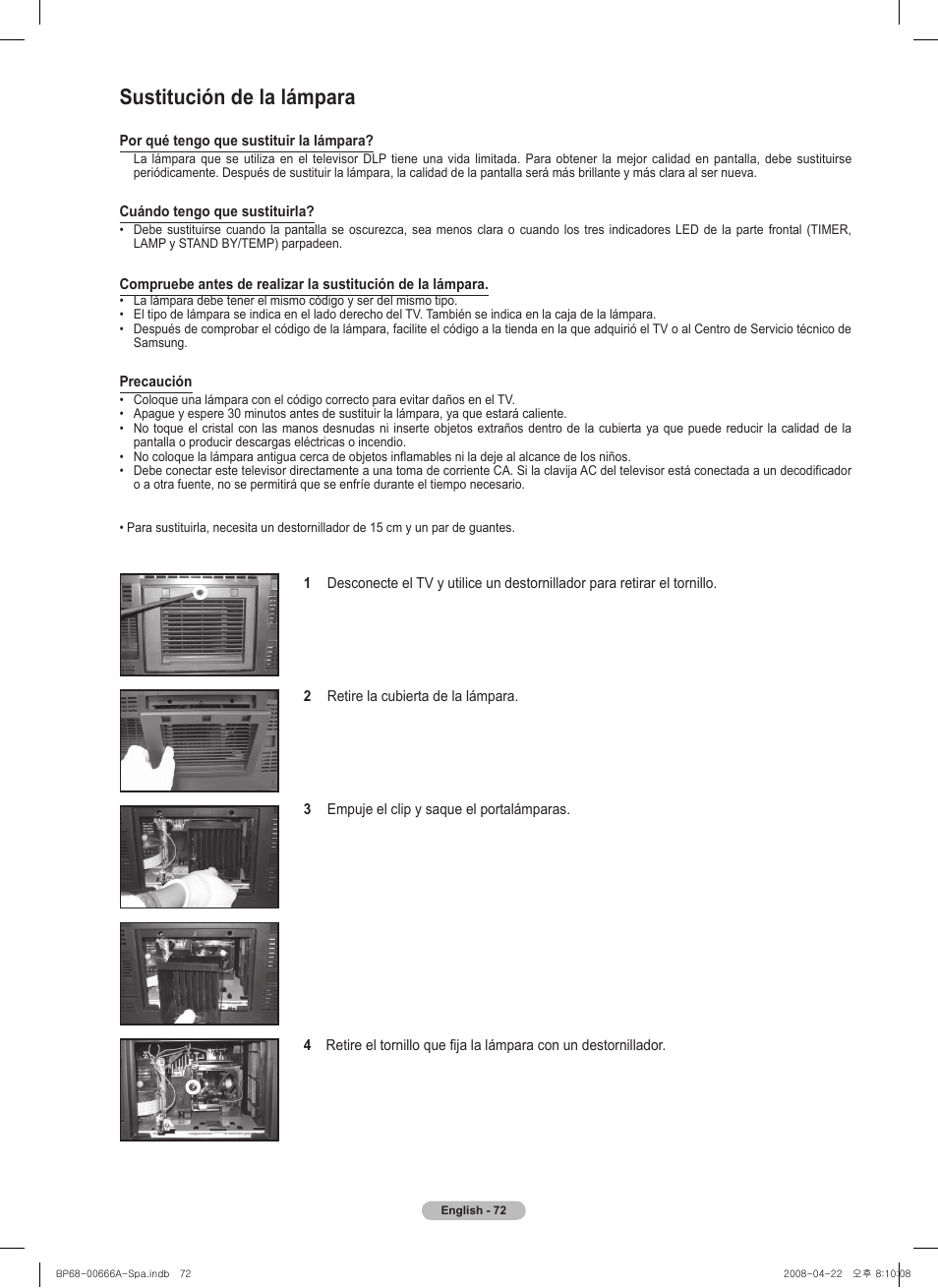 Sustitución de la lámpara | Samsung HL67A510J1FXZA User Manual | Page 154 / 157