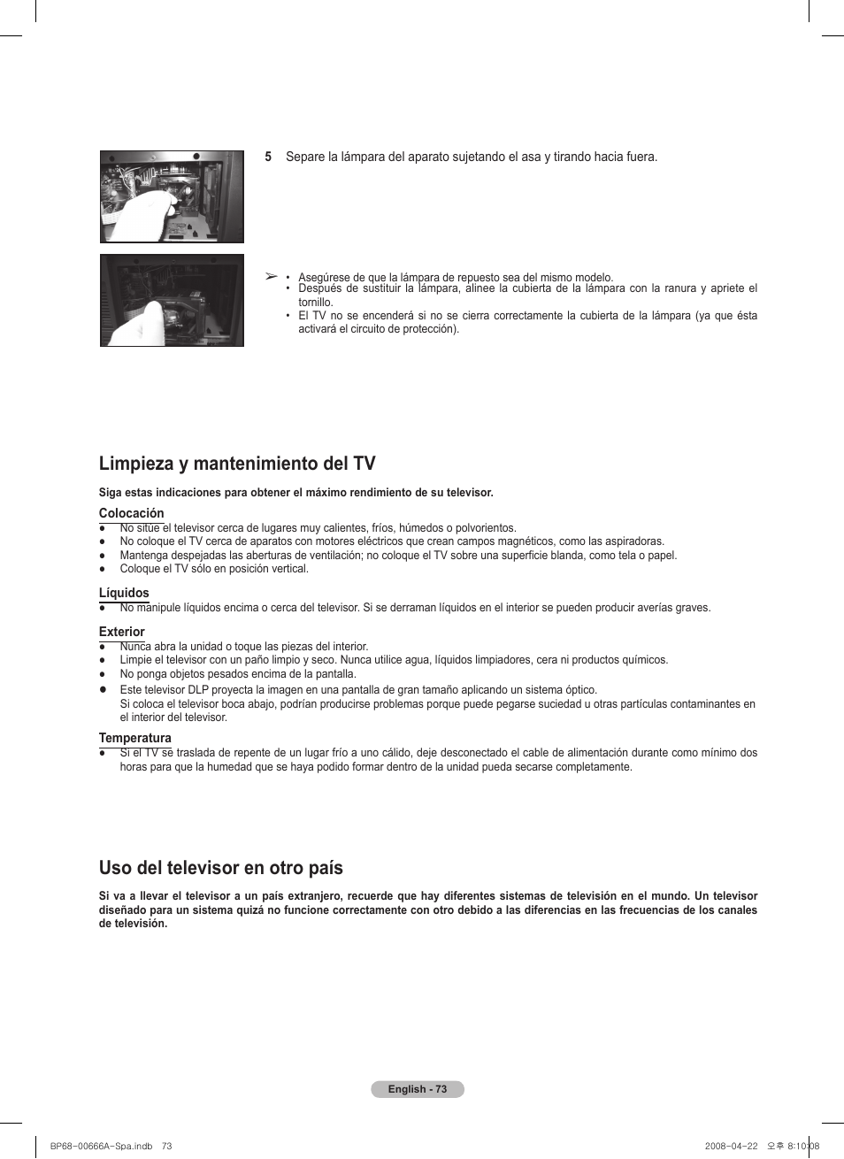 Limpieza y mantenimiento del tv, Uso del televisor en otro país | Samsung HL67A510J1FXZA User Manual | Page 155 / 157