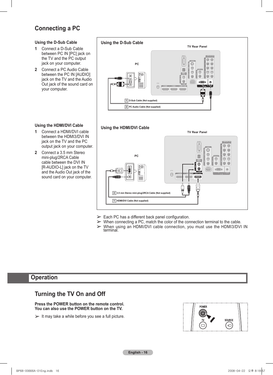 Connecting a pc, Operation, Turning the tv on and off | Operation turning the tv on and off | Samsung HL67A510J1FXZA User Manual | Page 16 / 157