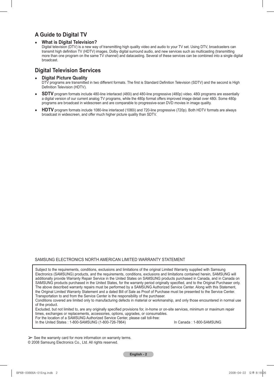 A guide to digital tv, Digital television services | Samsung HL67A510J1FXZA User Manual | Page 2 / 157