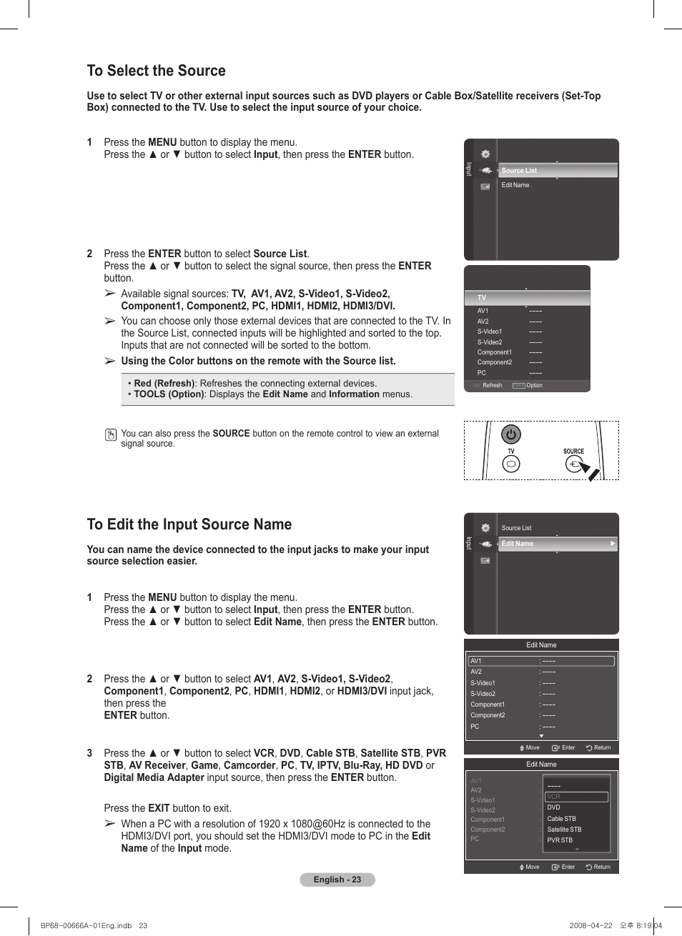 To select the source, To edit the input source name | Samsung HL67A510J1FXZA User Manual | Page 23 / 157
