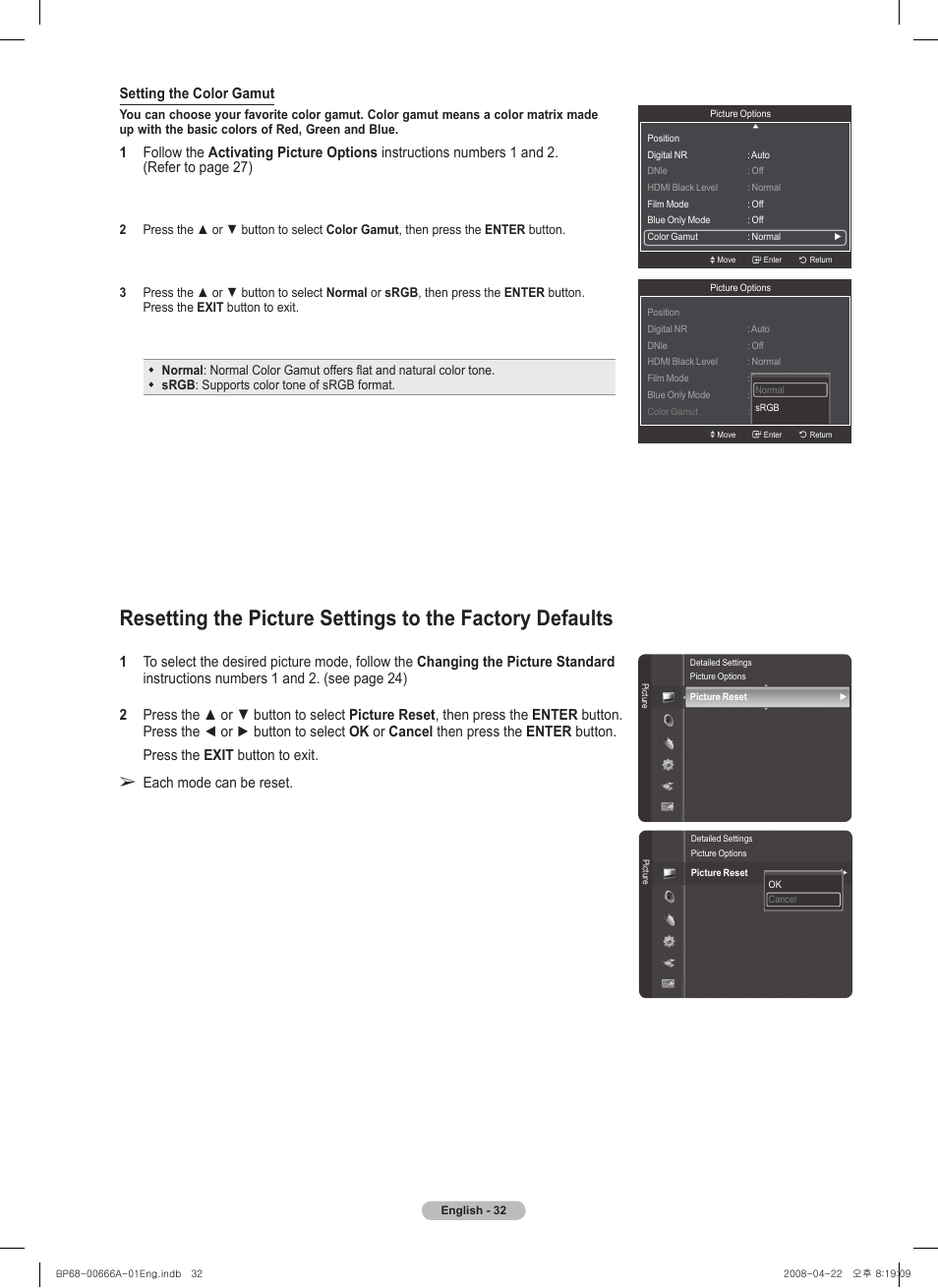 Each mode can be reset. setting the color gamut | Samsung HL67A510J1FXZA User Manual | Page 32 / 157